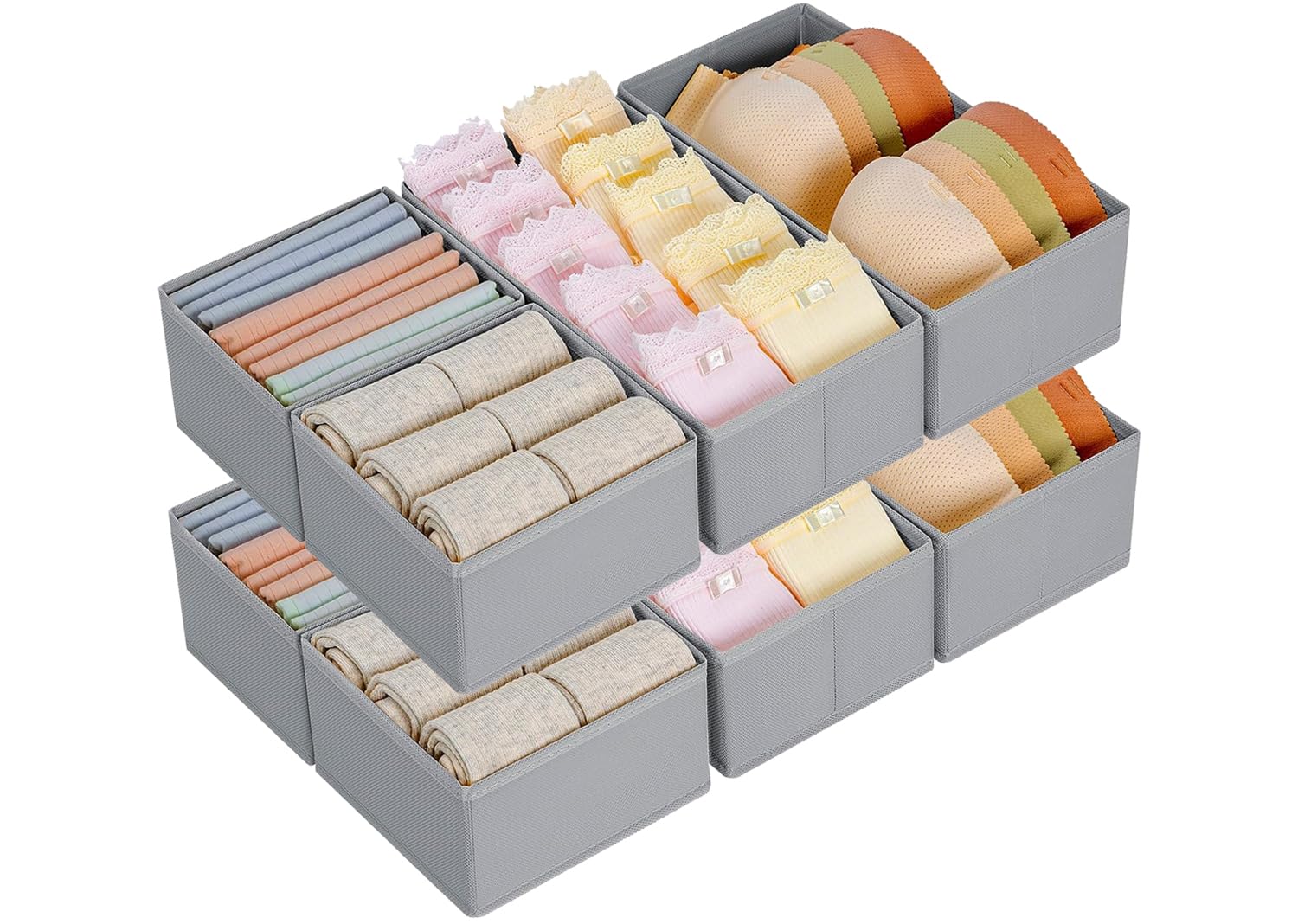 DIMJ Drawer Organisers 8 Pack Foldable Storage Box Fabric Wardrobe Storage Organiser Dresser Drawer Dividers Storage Cubes for Bras, Socks, Underwear, Ties, Scarves, Cosmetics (Grey)