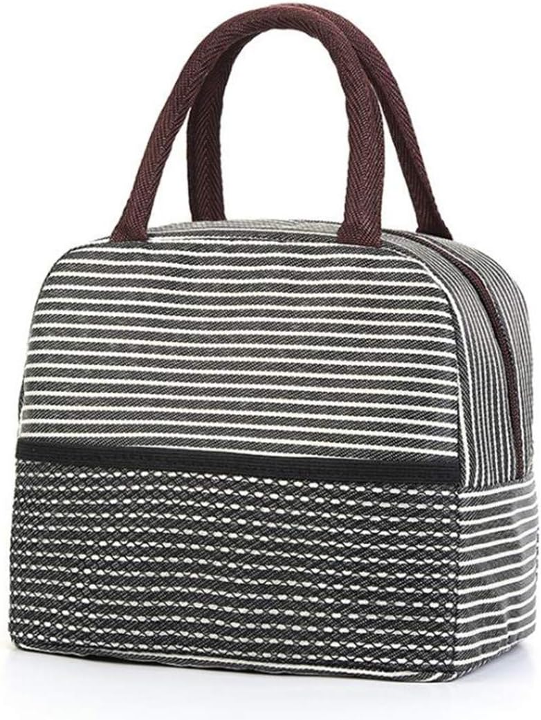 Insulated Lunch Bag for Women Reusable Lunch Tote Meal Prep Bag with Front Pocket for Kids Workers School Picnic Travel Cooler Bag Lunch Handbag Zipper Closure Stylish Lunch Box (black stripes)