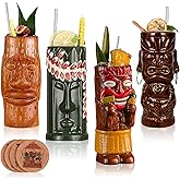 SUN GKOTTA 16 oz Cocktail Tiki Mugs Set Of 4 - Exotic Mug With 4 Coasters And 4 Straws,Cute Ceramic Hawaiian Style Cocktail Glasses For Party And Tropical Tiki Bar,Mai Tai Drinkware
