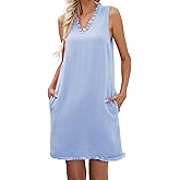 Famulily Women Cute Sleeveless Ruffled Deep V Neck Dresses Cotton Linen Dress for Summer Casual Shift Dress with Pockets