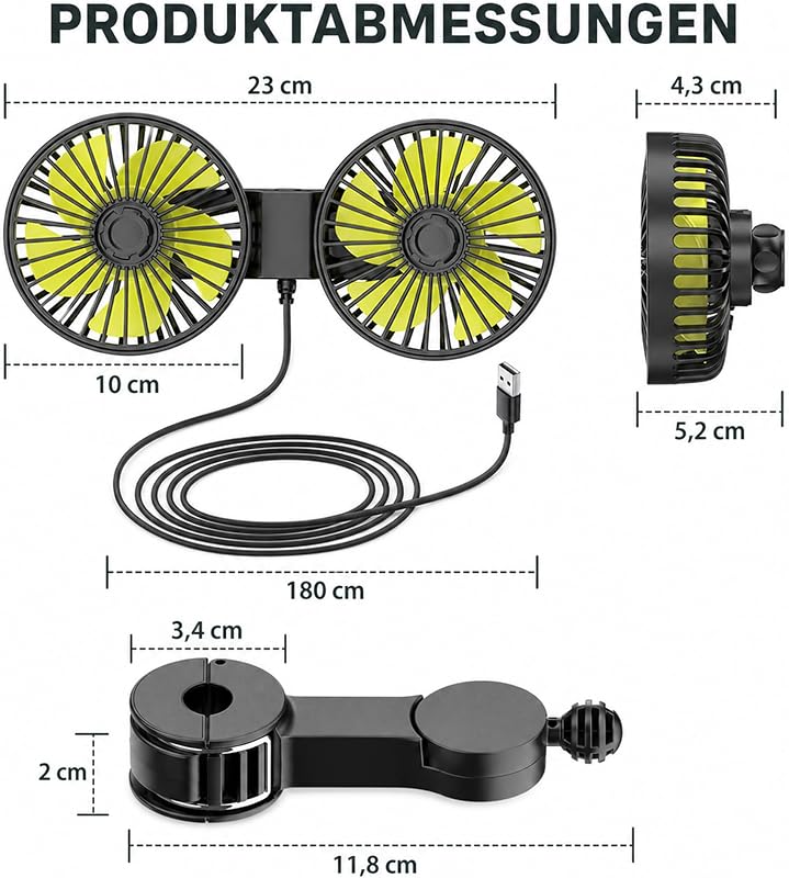 Z0BMIO Ventilatore per auto per sedile posteriore, 12 V, doppia testa, poggiatesta, ventilatore compatto da 12 V, con raffreddamento potente e silenzioso, ventilatore USB girevole a 360°, silenzioso