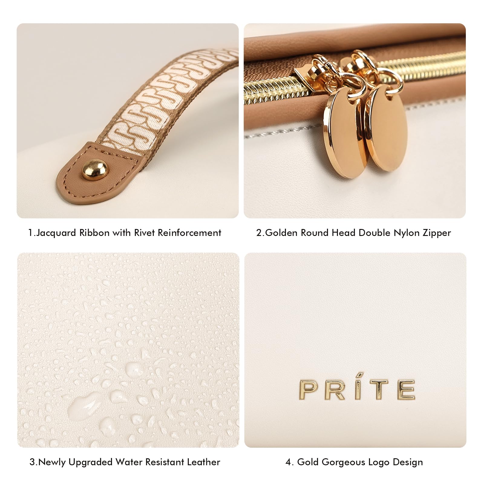 Prite Makeup Bag for Women Travel Waterproof Vegan Leather Cosmetic Bag Open Flat Toiletry Bag With Clear Divider and Handle (Beige)