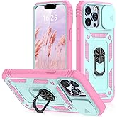 Korecase Protection Case for iPhone 13 Pro 6.1" with Camera Lens Cover Military Grade Heavy Duty Dual Layer Full Body Shockproof 360°Rotate Ring Kickstand Protective Shell Green & Pink