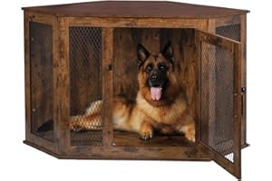 OFIKA Corner Dog Crate Furniture, Wooden Corner Dog Kennel Side End Table with Metal Mesh,Indoor Pet Crates Corner Side Table for Small Medium Large Dogs (Medium, Brown)