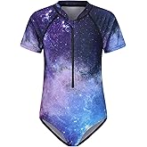 Girls One Piece Rash Guard Swimsuits for Girl Short Sleeve Bathing Suits with Front Zipper Sun Protection Swimwear 3-16 Years