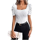 GORGLITTER Women's Puff Short Sleeve Square Neck Top Textured Knitted T Shirt Going Out Tops