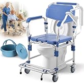 Bedside Commode Wheelchair with Drop Arms &amp; Lockable Casters, Waterproof Aluminum Shower Chair, Anti-Tilt Foldable Footrest, Sponge Padded Seat, 330lbs Weight Capacity, 3 in 1 Bedside Commode Chair