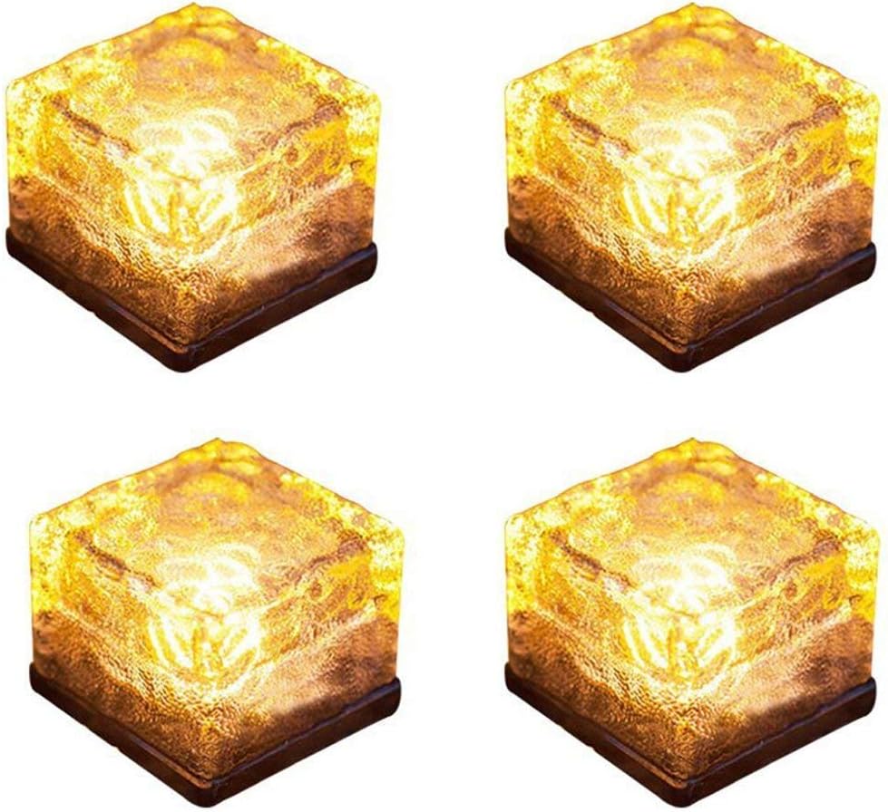 Garden Glass Path Light Solar Ice Light Crystal Brick Landscape Light for Garden Courtyard Pathway Patio Pool Pond Outdoor Decoration Warm White 4PC (Upgraded Package)
