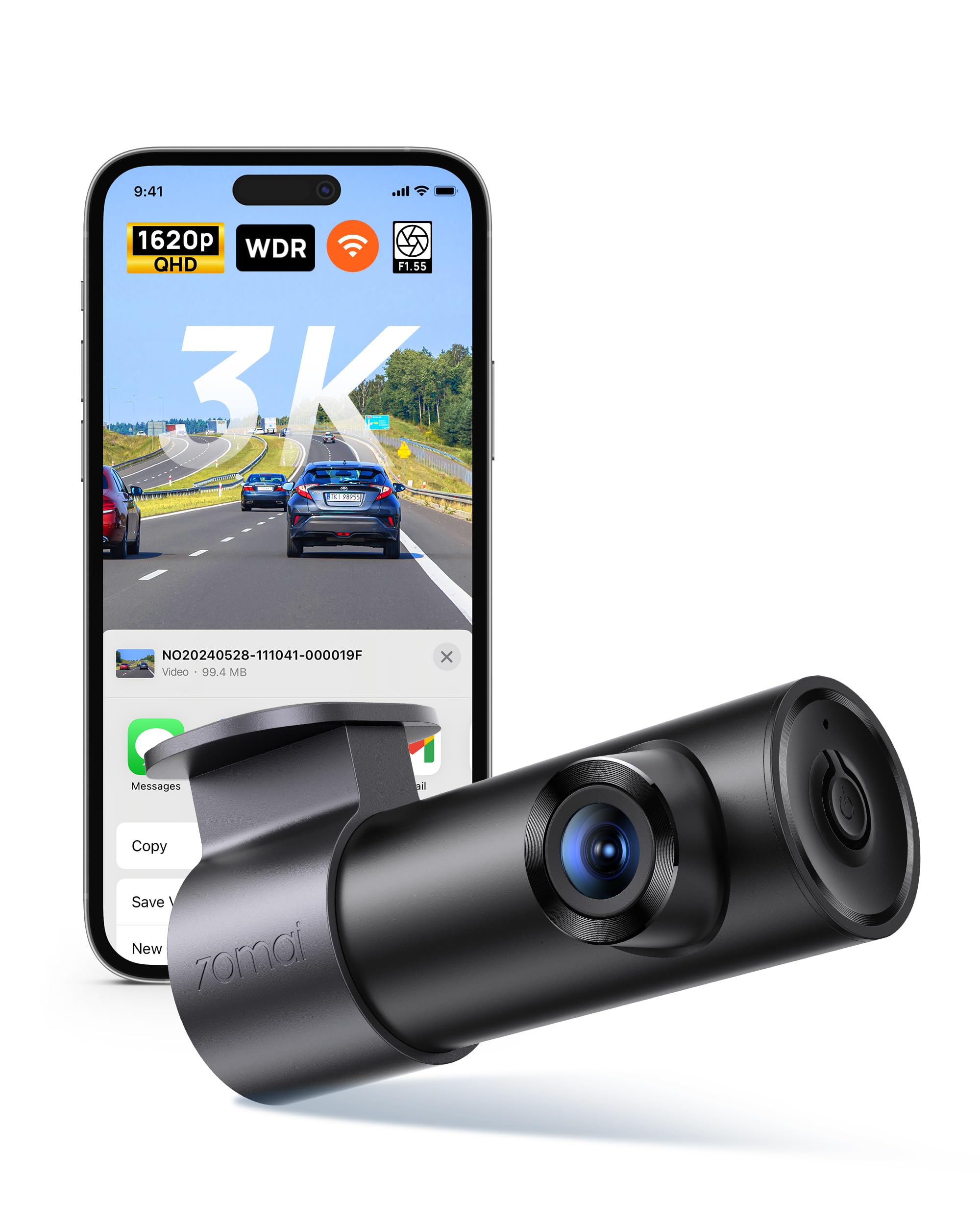 70mai Wifi Mini Dash Cam M310 Plus 3K, Smart Voice command 1620P QHD Dash Camera for Cars, WDR, Night Vision, 24H Parking monitor with APP control, Time-Lapse recording, Collision detection