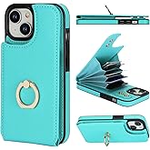 Folosu Compatible with iPhone 15 Case Wallet with Card Holder, 360°Rotation Finger Ring Holder Kickstand, RFID Blocking Leather Protective Double Buttons Shockproof Cover 6.1 Inch Green