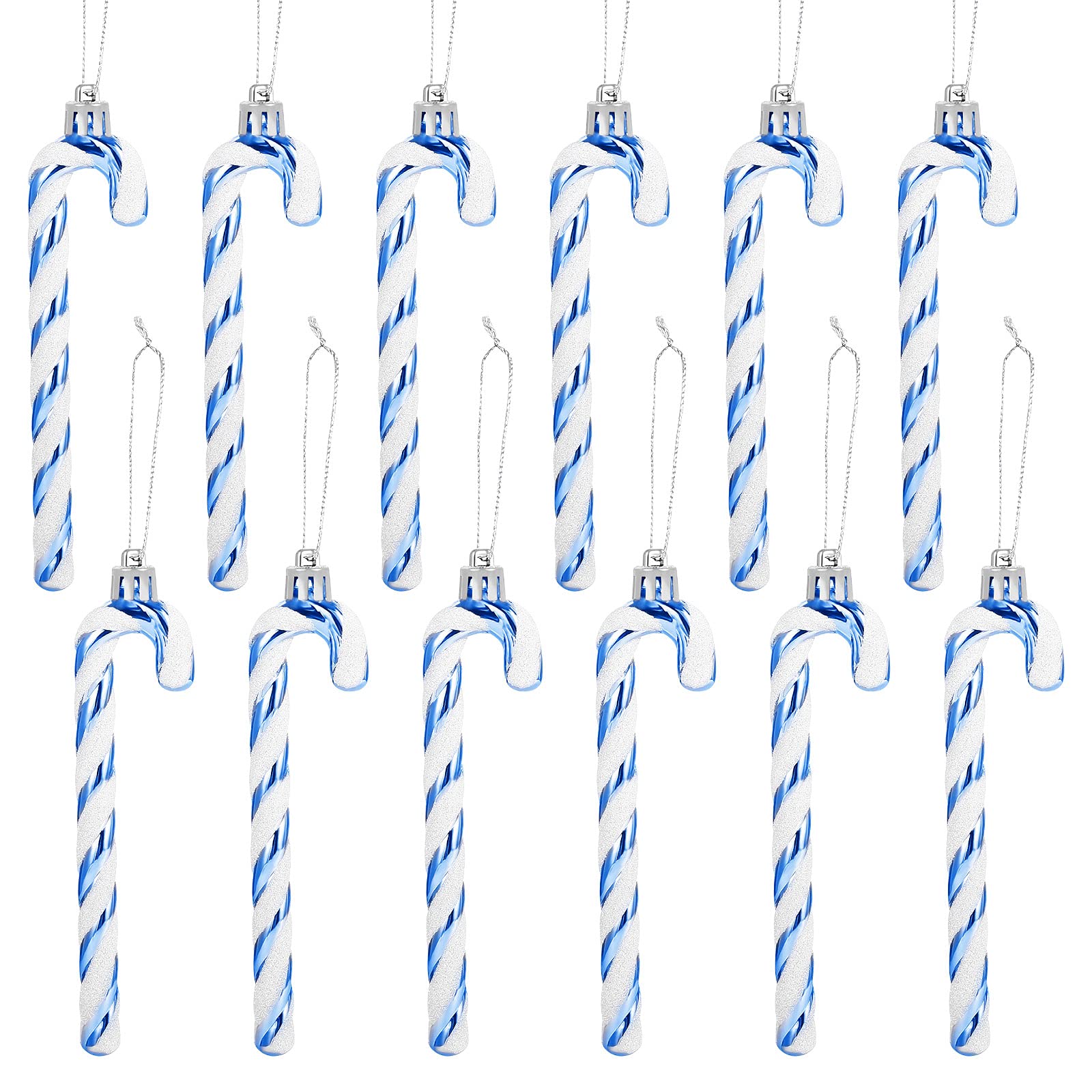 GWHOLE 12 Pack Candy Cane Christmas Decorations Blue and White Glitter Baubles Candy Cane Crutch Small Hanging Ornament for Christmas Decoration Xmas Decor