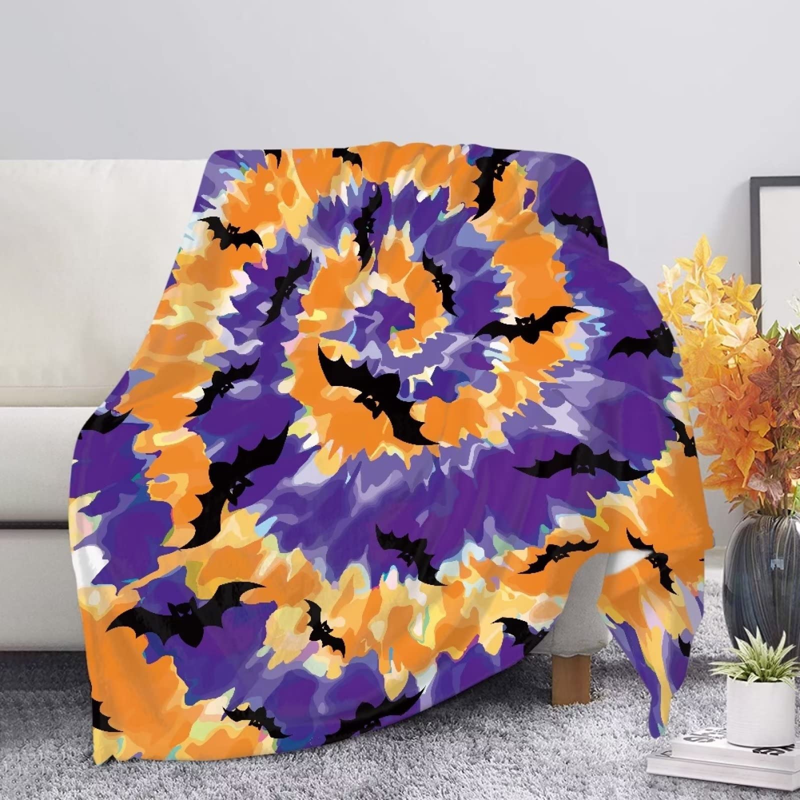 COEQINE Halloween Blankets for Women Kids,Print Tie Dye Swirl Purple Soft Warm Cozy Lightweight Flannel Throw Blanket for Bed Sofa Couch Living Room