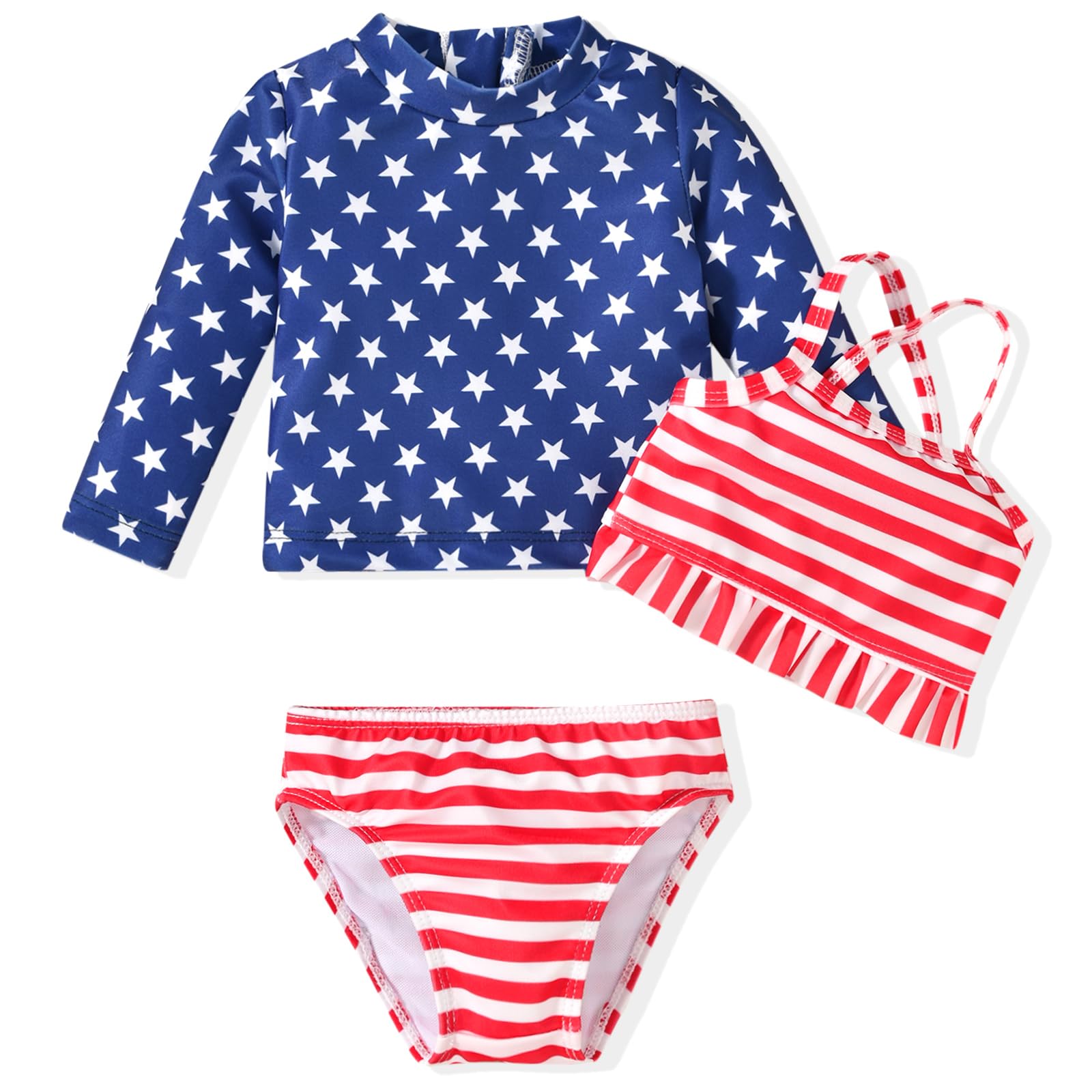 Photo 1 of 12 Month Infant Baby Girl 3-Piece Rash Guard American Flag Swimwear Sets Long Sleeve 4th Fourth of July Memorial Day Swimsuit July 4th Bathing Suit 12-18 Months