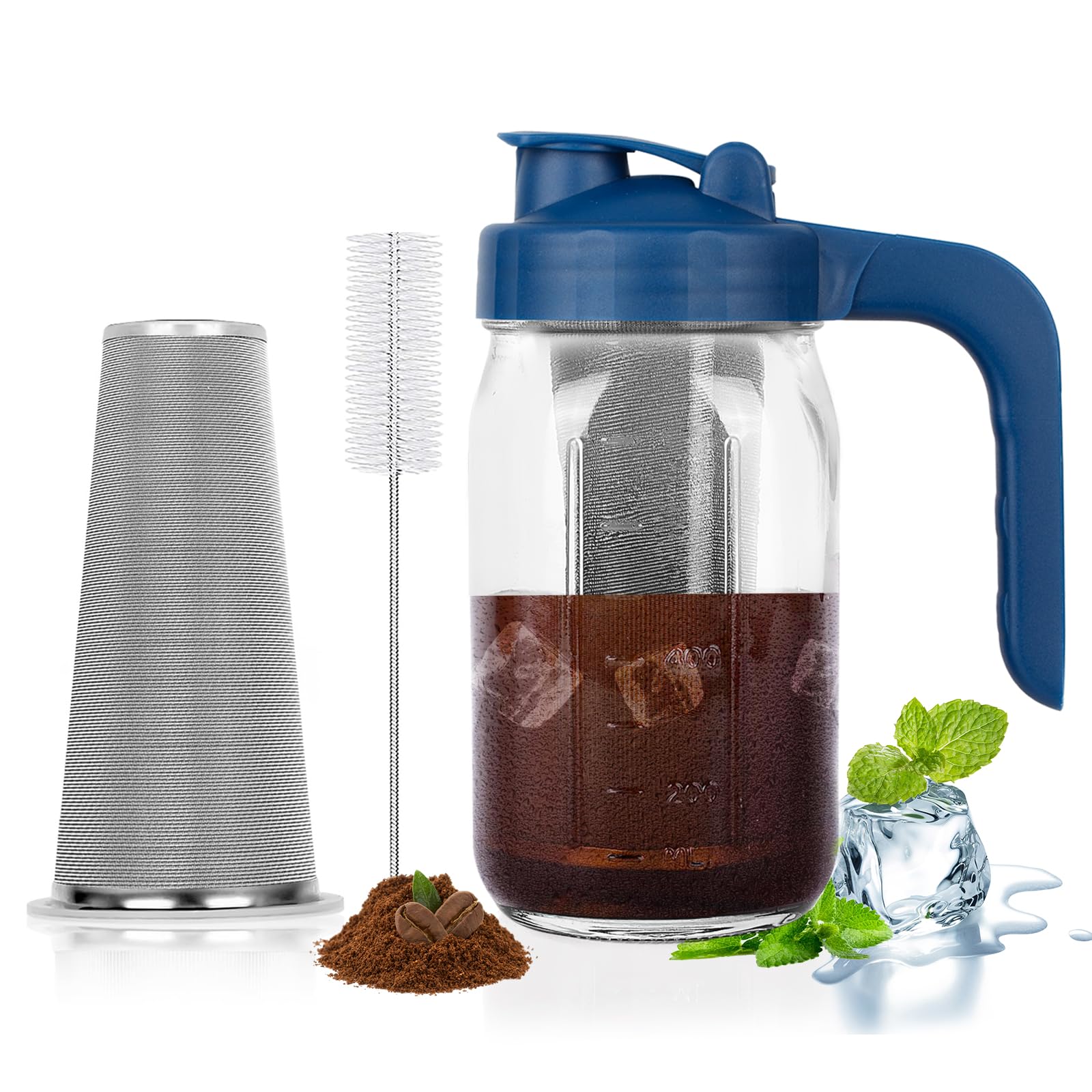 Cold Brew Coffee Maker Pitcher,32 Oz Glass Mason Jar Pitcher with V-shaped Pour Spout Handle Lid,Stainless Steel Filter for Iced Coffee,Iced tea,Breast Milk,Fruit Drinks,lemonade-Blue