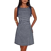 MEROKEETY Women's 2026 Summer Gingham Mini Dress Ruched Sleeveless Boat Neck Cocktail Party Beach Dresses
