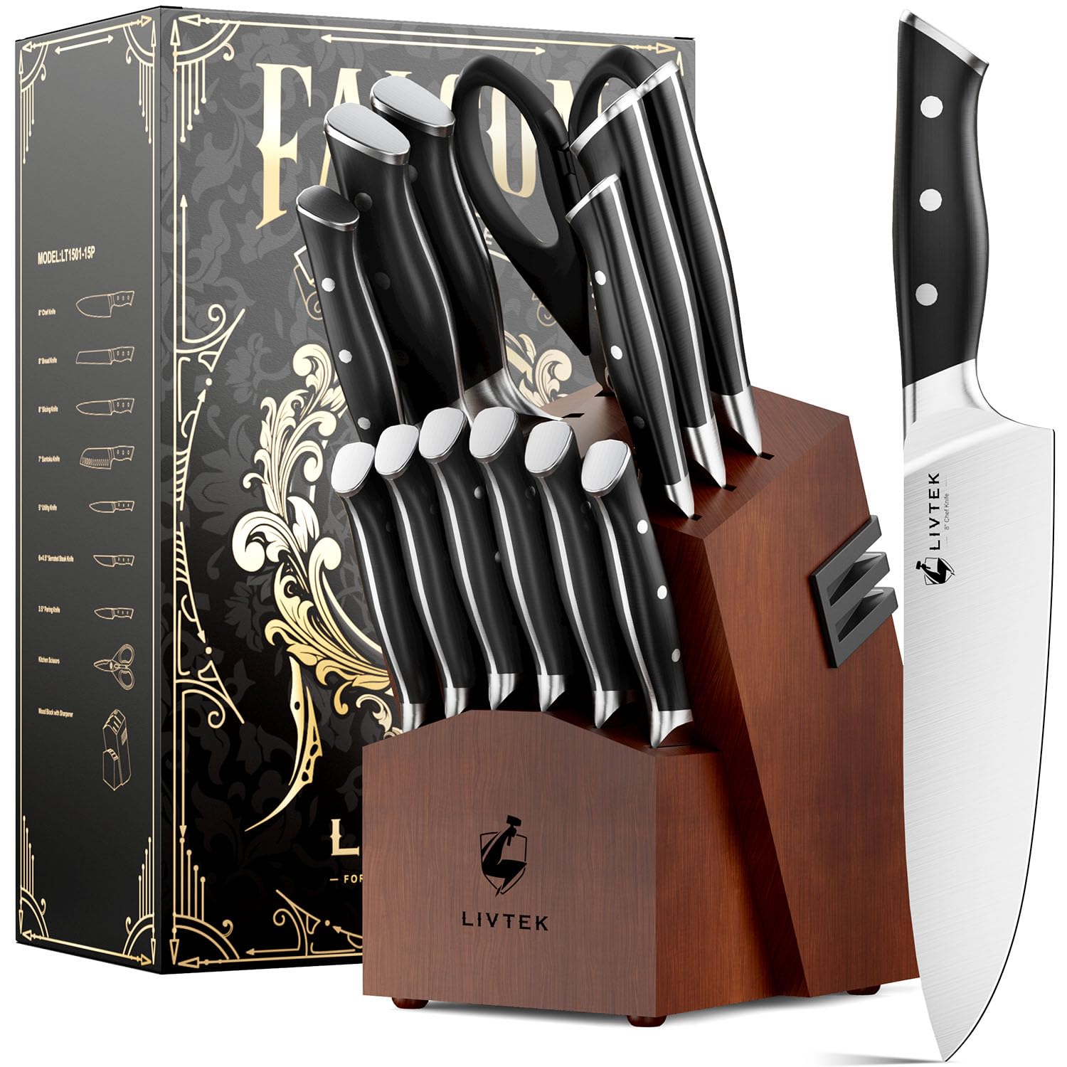 Photo 1 of **SOME KNIVES WONT FIT IN BLOCK**Livtek Knife Set with Block - Kitchen Knife Set German High-Carbon Stainless Steel with Built-in Sharpener - Full Tang, Triple-Rivet Ergonomic Handle - Holiday Gift Idea - 15-Piece, Falcon Series.