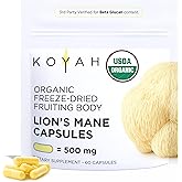 KOYAH - Organic USA Lion's Mane Mushroom Capsules - 100% Fruiting Body, Freeze-Dried, 3rd Party Tested for Beta-Glucans, 500 mg, Brain & Nerve Support. Immune Support. 60 Capsules