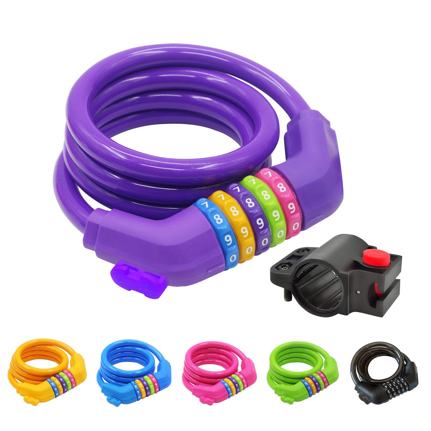 GOLDPOOL Bicycle Lock for Kids Teenager Adult, Number Code Combination Cable Lock, Colourful, 120 cm x 12 mm Diameter Steel Cable Coated (Purple)