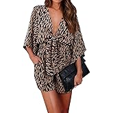 PRETTYGARDEN Women's Leopard Print Shorts Jumpsuit Wrap V Neck 3/4 Sleeve Casual Loose Oversized Romper With Pockets
