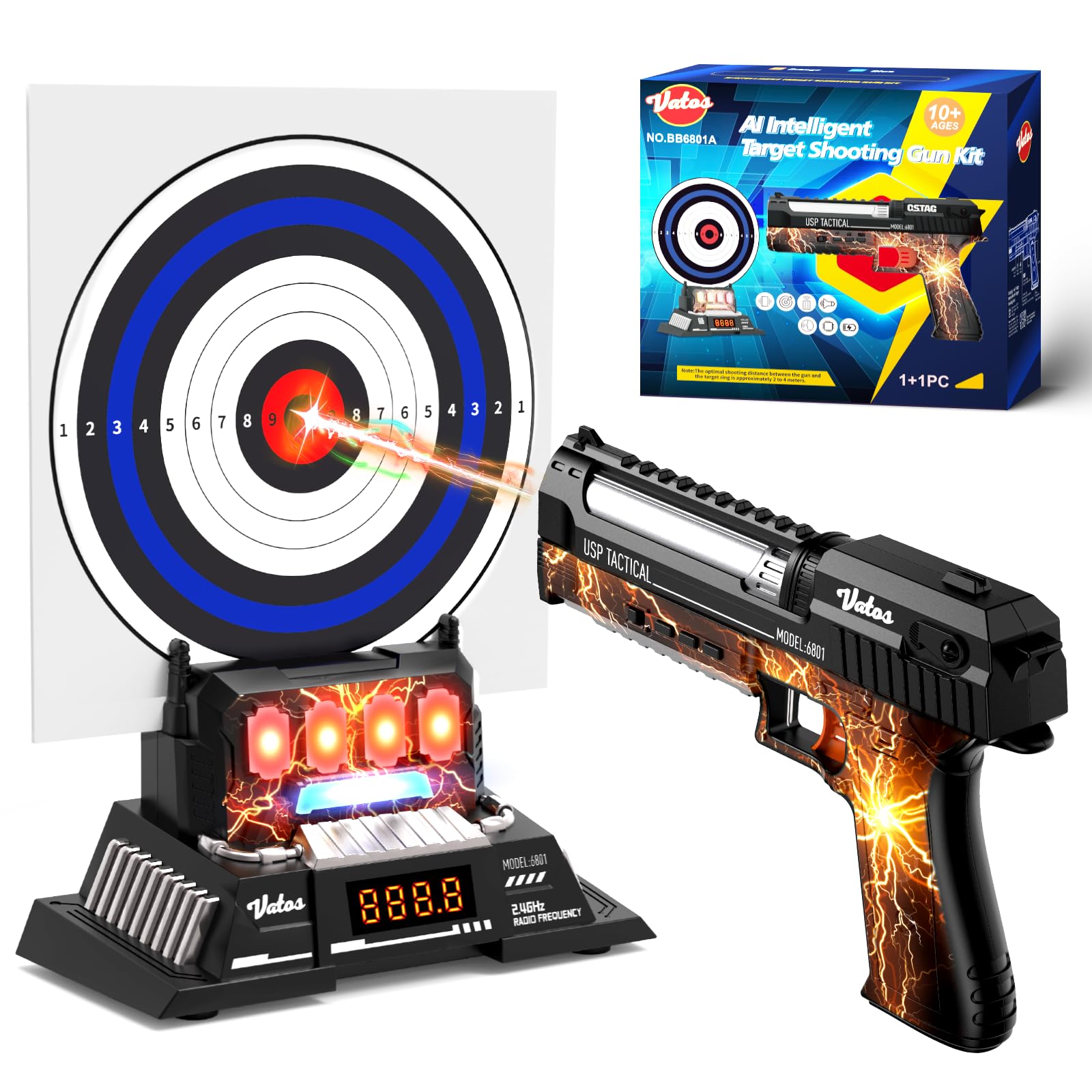 VATOS Smart Electronic Shooting Game Set with Auto-Scoring Target Base and Rechargeable Laser Tag Gun, Real-Time Voice Feedback, 4 Shooting Modes, Indoor Outdoor Toys for Teens Adults Family Party