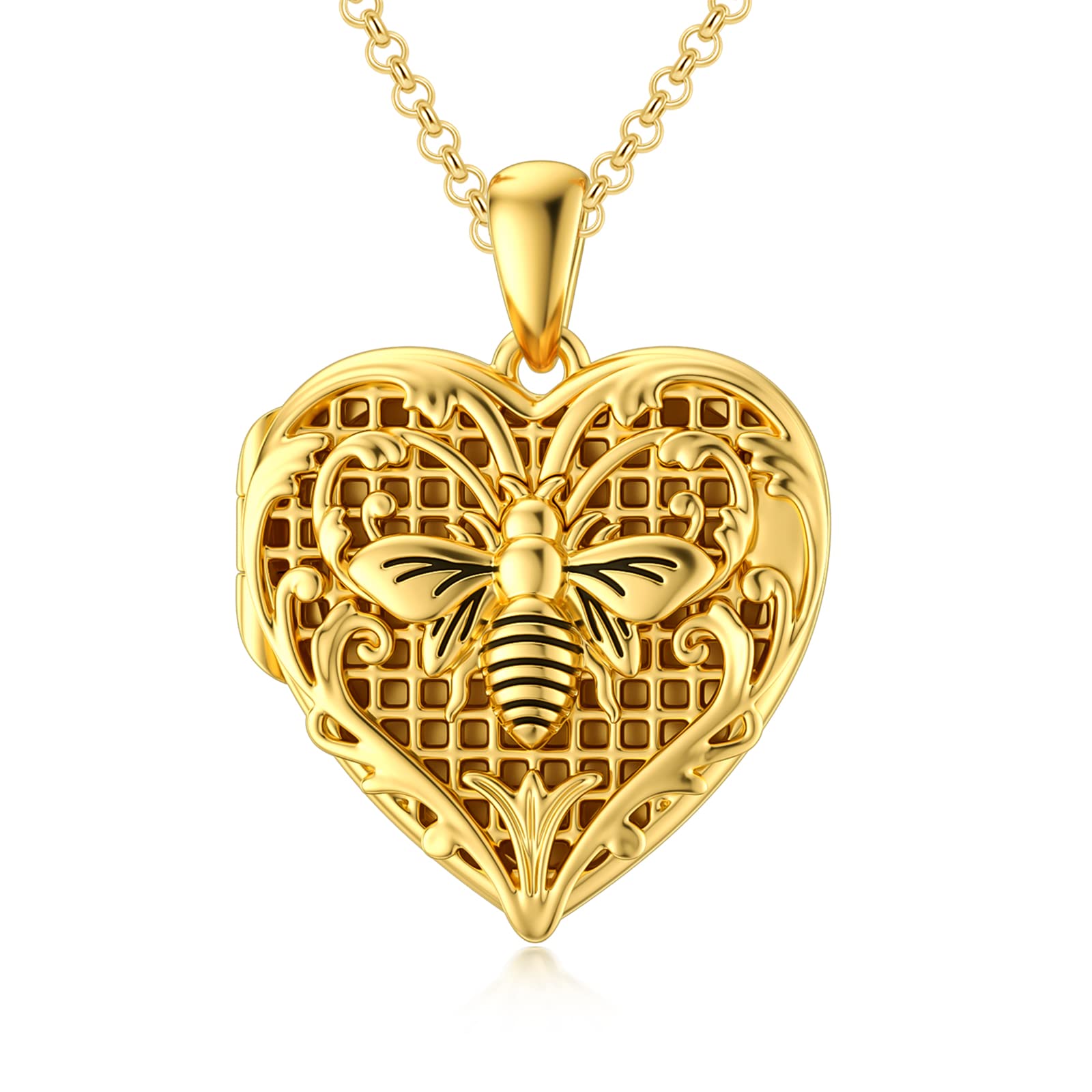 SOULMEET 18K Gold Filled Silver Heart Shaped Honeycomb Bee Locket Necklace That Holds 1 Picture, Memorial Locket 20" (Locket only)