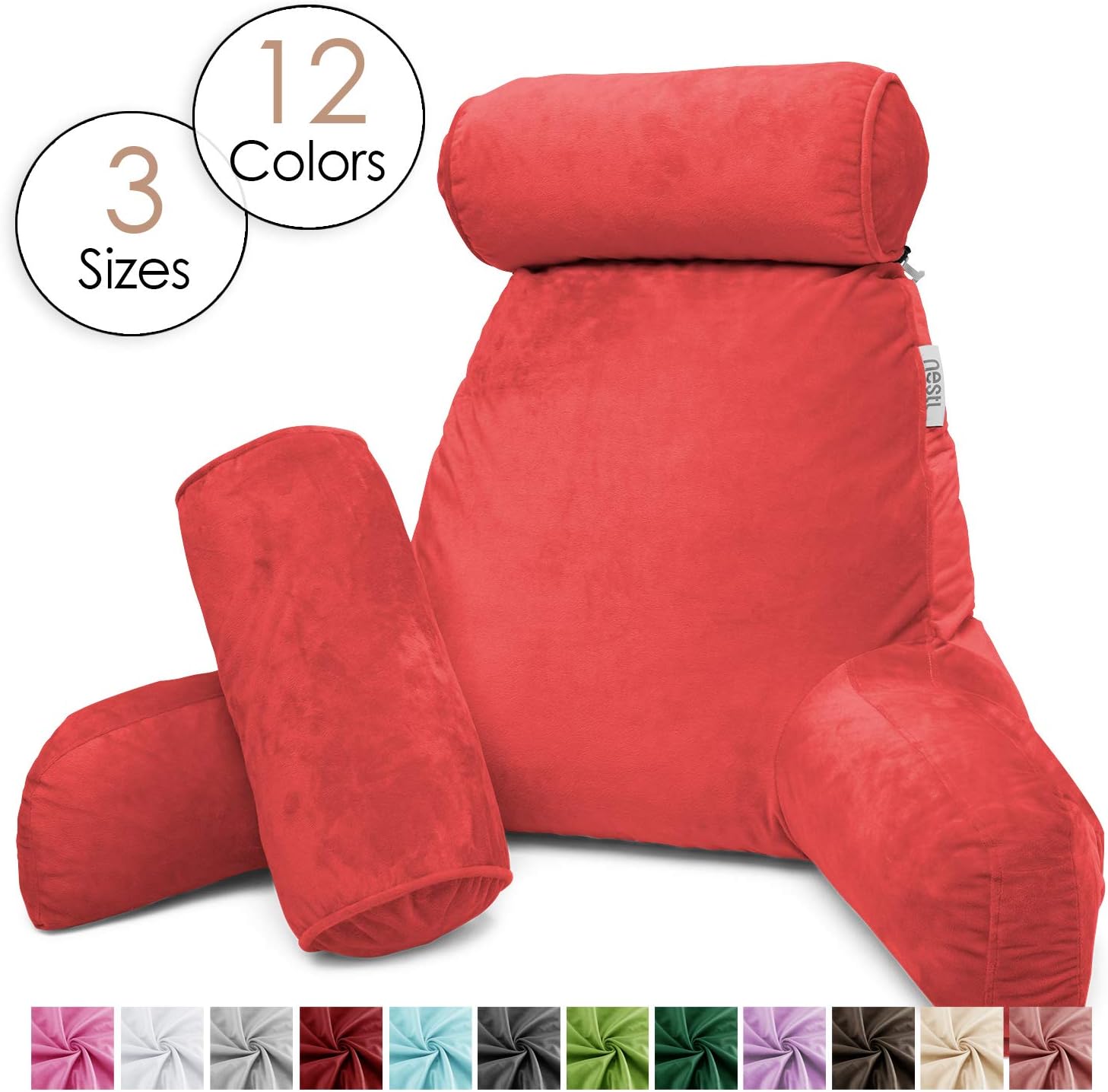 Nestl Reading Pillow, Includes 1 Extra Large Bed Rest Pillow with Arms + 2