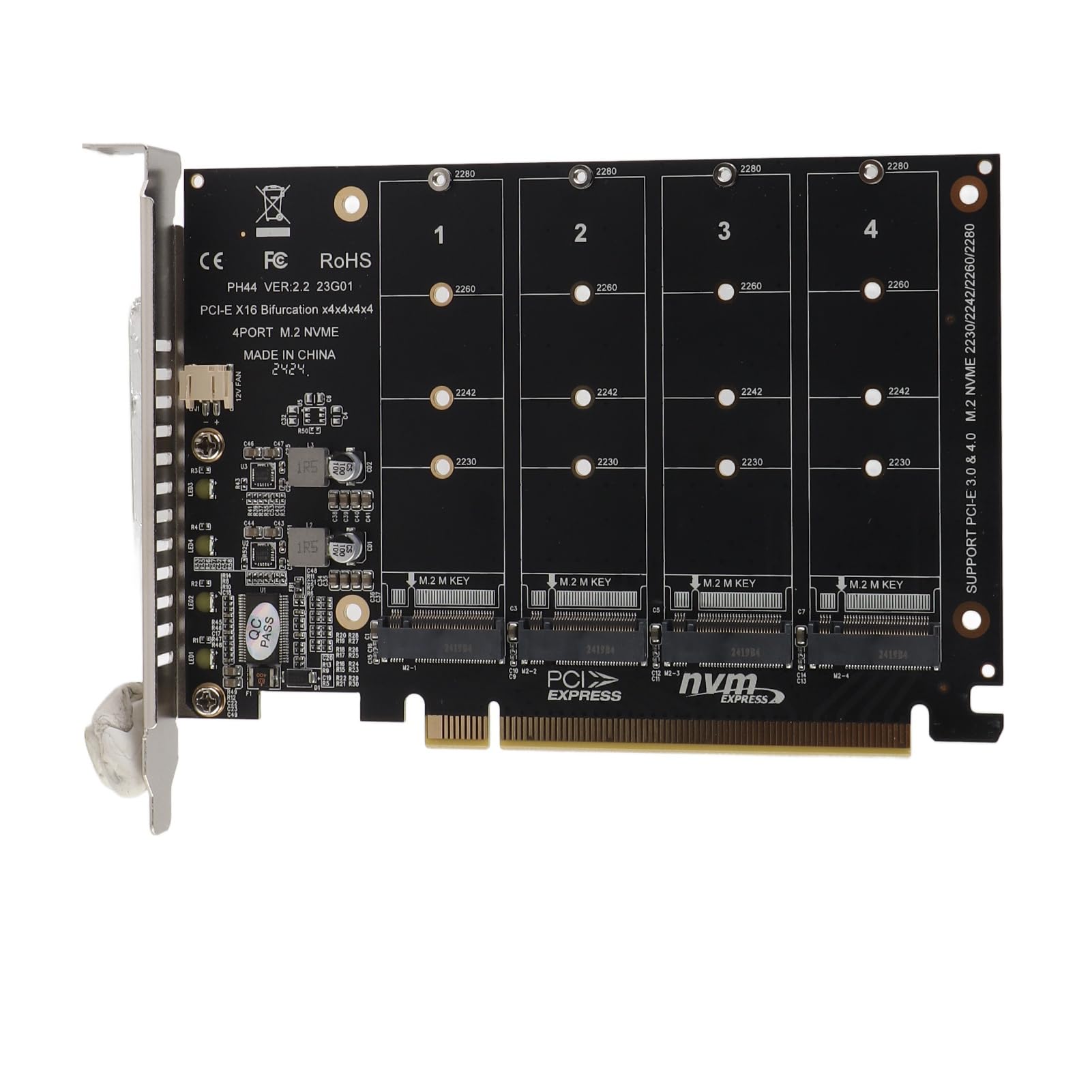 4-Port NVMe to PCI-e Host Controller Expansion Card, M.2 NVME to PCIe X16 Adapter, M Key Hard Drive Converter Reader Expansion Card (ph44)