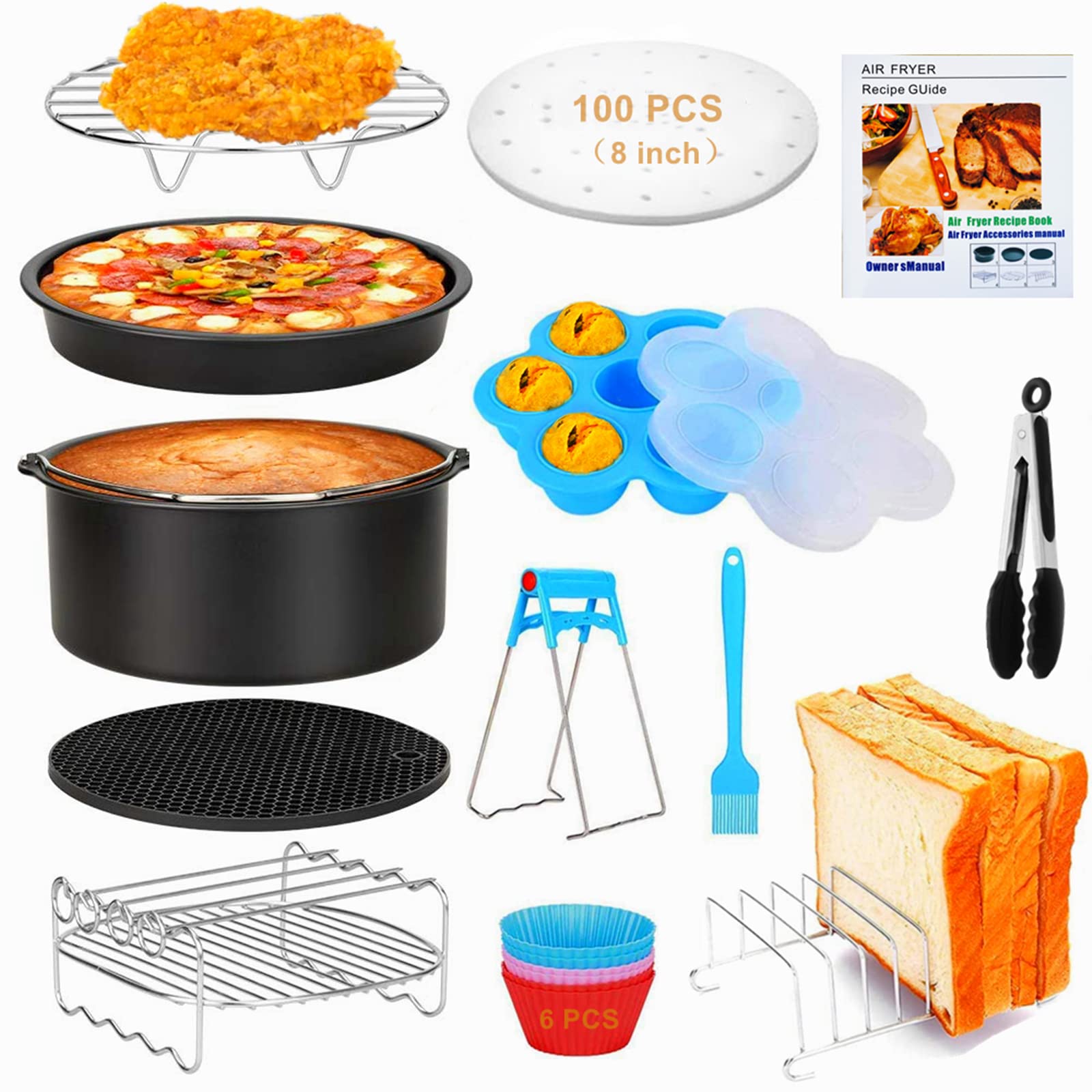 Photo 1 of 18 PCS Air Fryer Accessories, 8 Inch XL Deep Fryer Accessories Compatible with Gowise USA Phillips Ninjia Cosori Cozyna Air Fryer, Fit 3.6QT- 6.8QT Air Fryer with Cake Pan, Pizza Pan, Air Fryer Liner