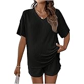 SweatyRocks Women's Maternity 2 Piece Outfits V Neck Short Sleeve Top and Elastic Waist Shorts Set