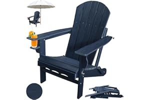 CLOUDEEP Folding Adirondack Chairs, HDPE Plastic Adirondack Chair with Cup Holder Weather Resistant, Wood Texture Outdoor Fire Pit Chairs for Patio Garden,Poolside and Deck, Umbrella Hole, Dark Blue