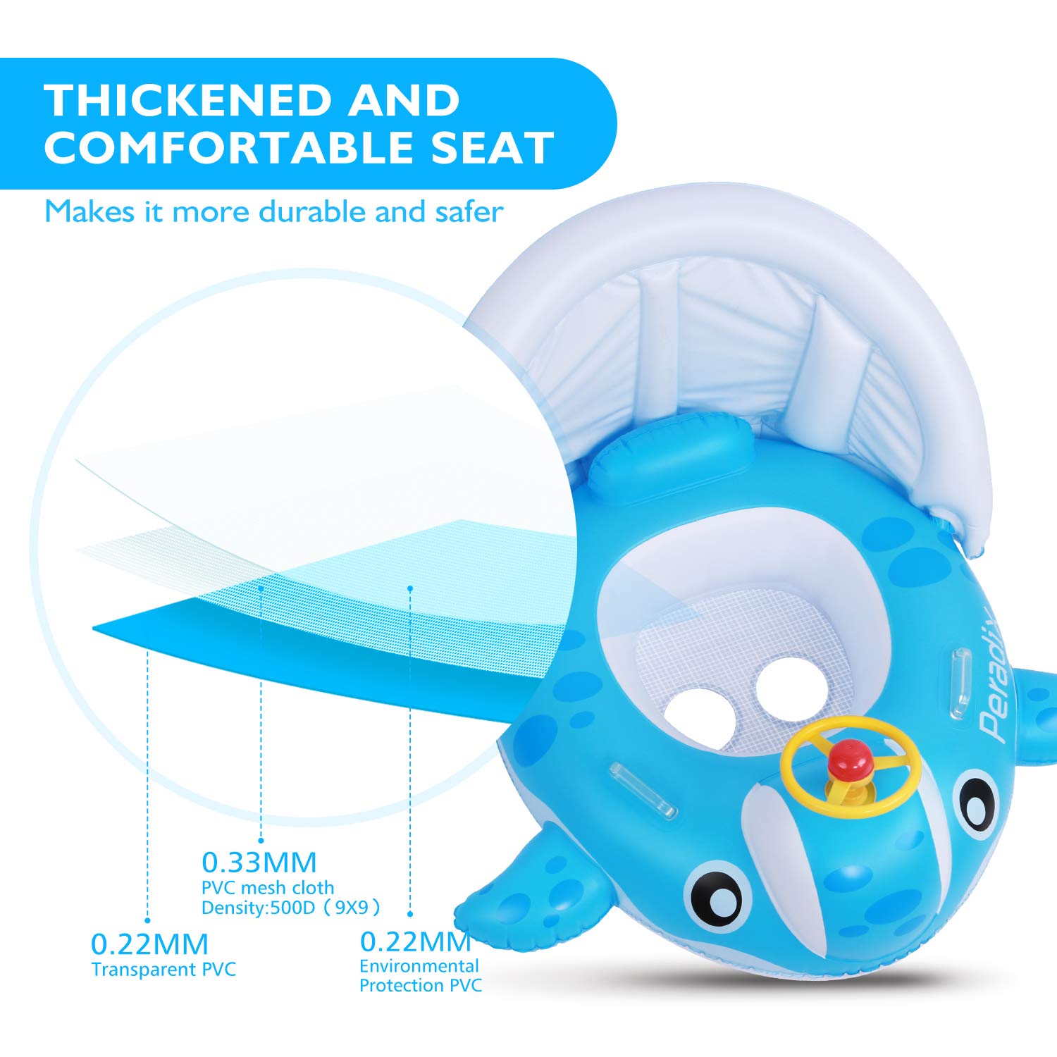 Peradix Piscina Salvagente per Bambini con Tettuccio Parasole Mutandina e Patch di Riparazione Baby Nuoto Anello Salvagente Regolabile Barca Gonfiabile Anello(Balena Blu)