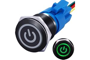 mxuteuk 19mm Waterproof Latching Push Button Switch 12V ON/Off Switch 1NO 1NC SPDT Black Metal with Green Power Symbol Light with Wire Suitable for 3/4" Mounting Hole for Car Marine RV L-19-POWER-B-G