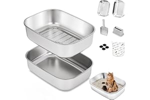 DOWANQO Stainless Steel Sifting Litter Box with Lid, Metal Litter Pan with Scoop for Big Cats Multi Cat, Extra Large Cats Litterbox Odor Control Easy Clean (22.8 * 16.1 * 6.5inch-Without Enclosure, X-Large)