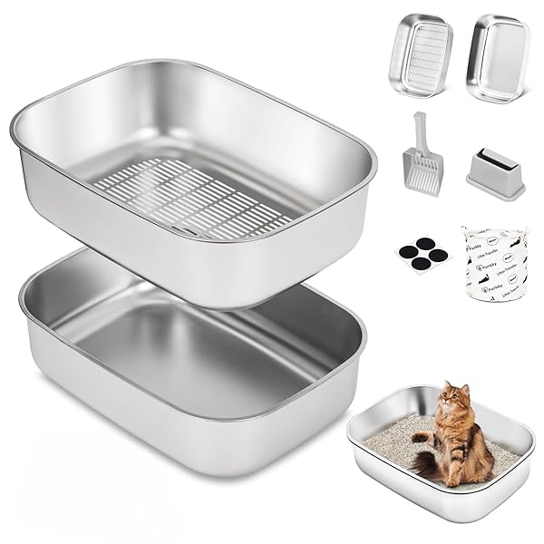 STAINLESS STEEL SIFTING LITTER BOX WITH LID, METAL...