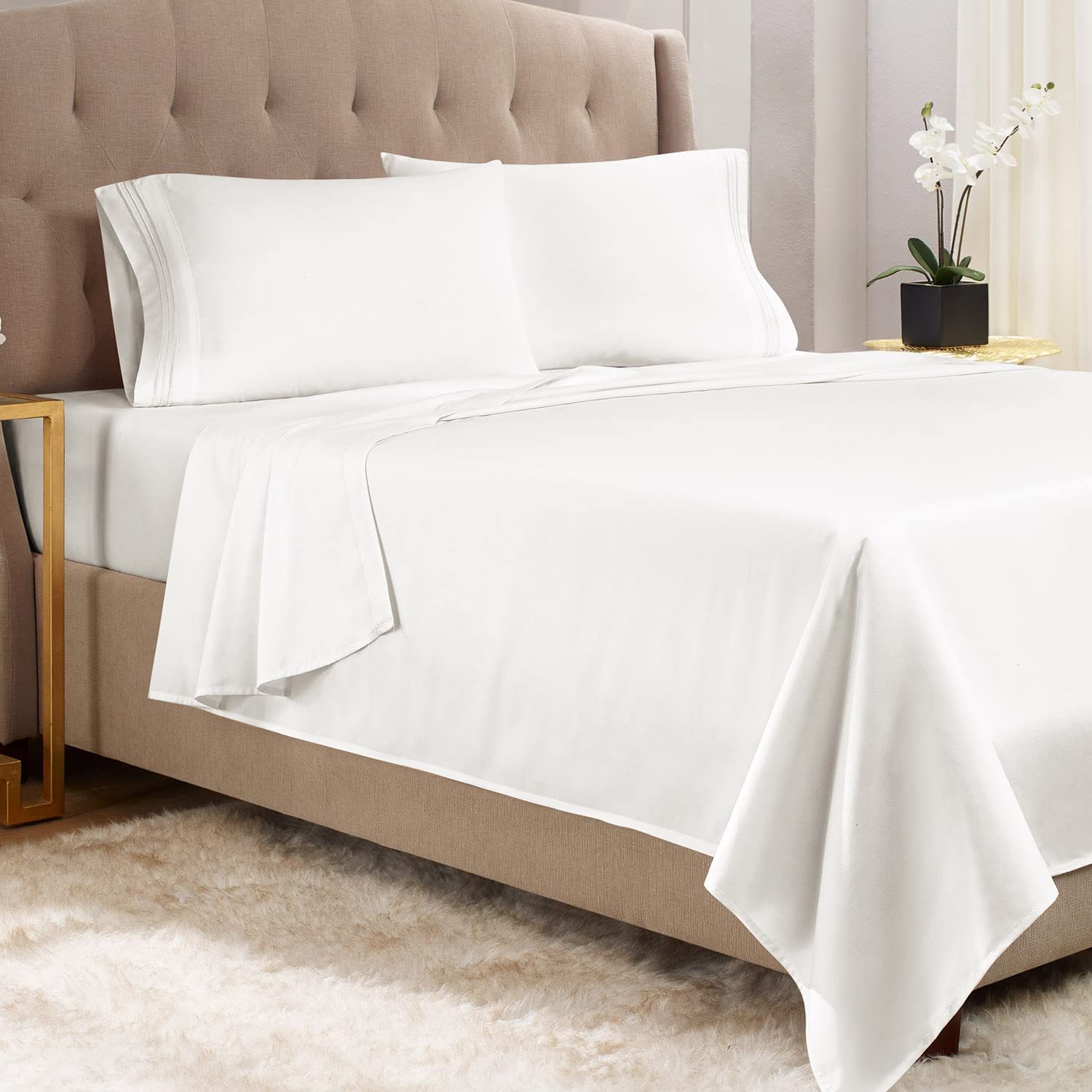 Photo 1 of Empyrean California King Sheet Sets - 4 PC Super Soft Cal King Bed Sheets - Double Brushed Microfiber Cal King Sheets - Hotel Luxury White Bed Sheets Cal King Size, with 4 Corner Elastic Straps