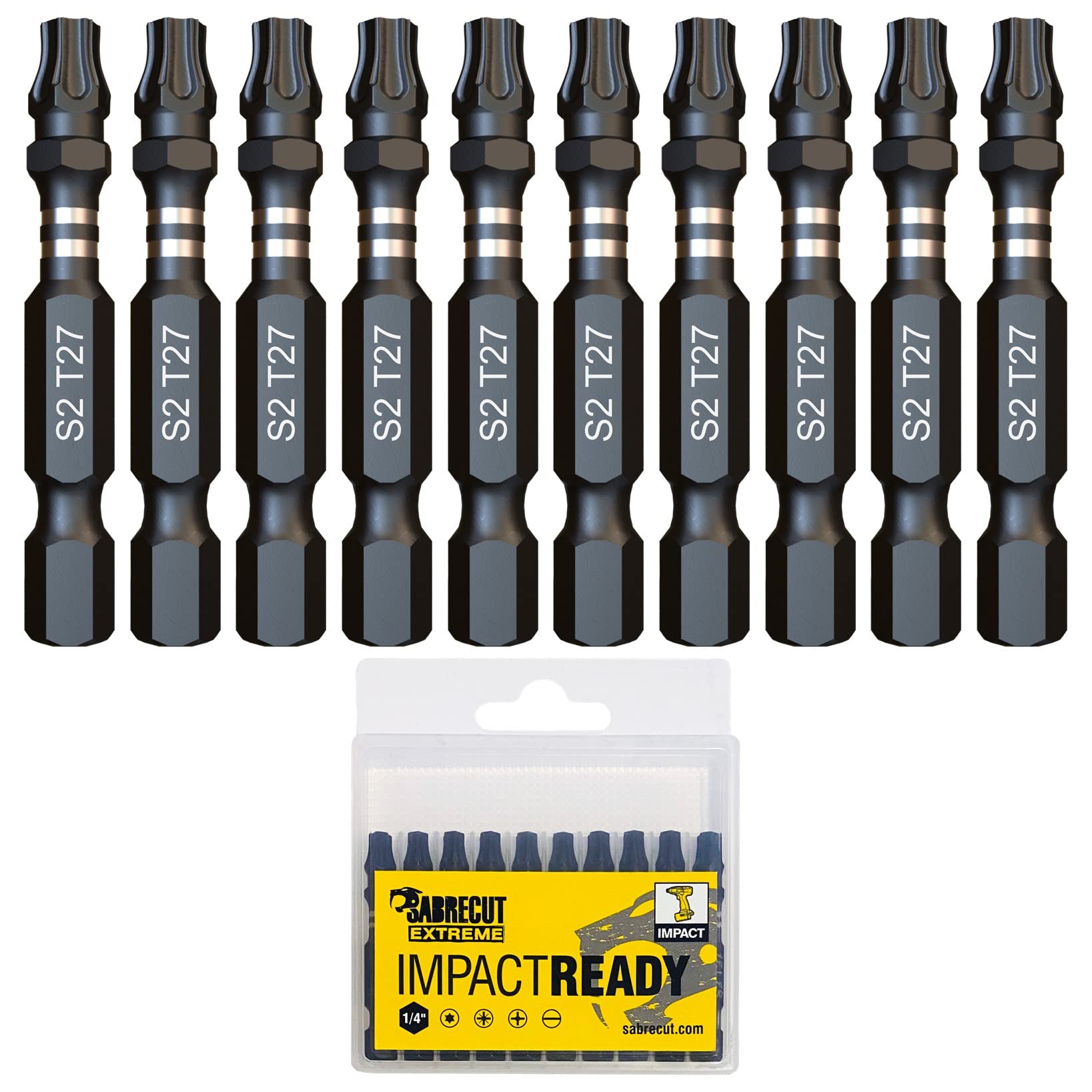 10 x SabreCut SCTX2750_10 50mm TX27 T27 Impact Screwdriver Driver Bits Set Single Ended Torx Heavy Duty Including Storage Box
