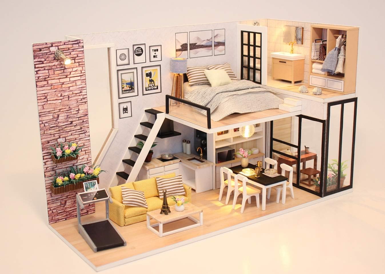GETIYA Morden Home DIY Miniature Dollhouse with Tiny Furniture Creative DIY Miniatures House for Adults Model Kits DIY Dollhouse Decompression Toys Womens Girls Toy Wooden Dollhouse with Dust Cover