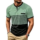QOSOQ Mens T-Shirts Short Sleeve Button Casual Stylish Basic Tees Work Striped Shirts Henley Summer Lightweight Stretch Top