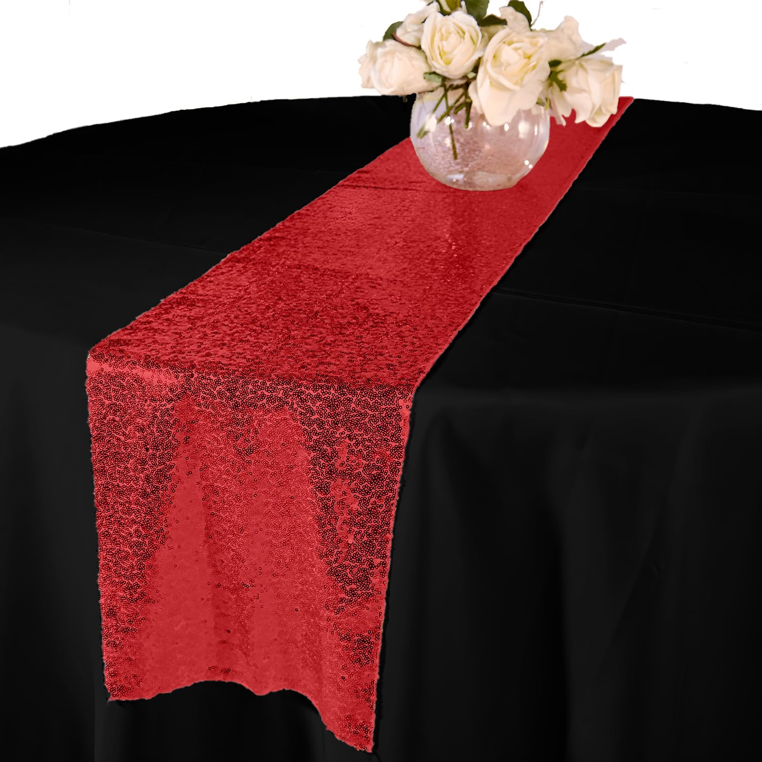 Elegant Event Essentials – Sequin Party Long Table Runner – For Spring Party, Wedding, Reception, Banquet, Home Dining Space Christmas Centrepiece Decoration (12” x 108”/30.48 x 274.32cm) - Red
