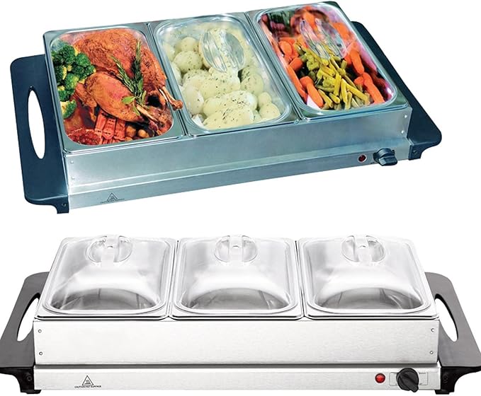Vinsani® Stainless Steel Electric 3 Pan Buffet Food Warmer Hot Plate