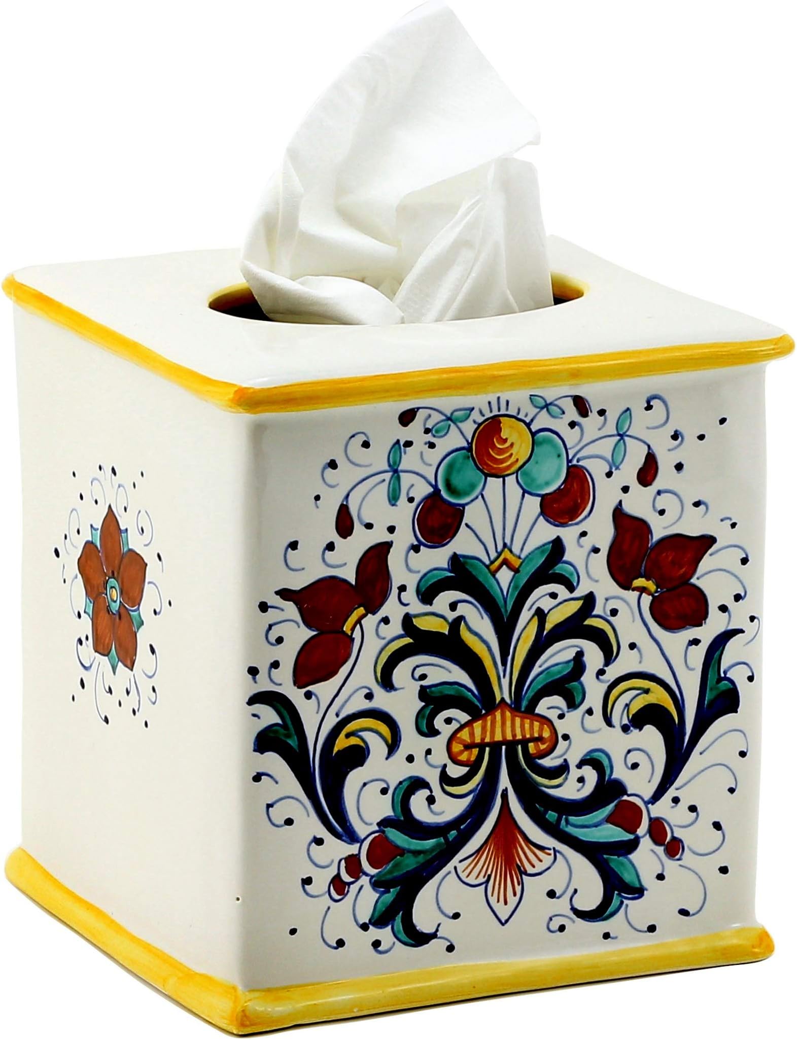 Ricco DERUTA: Square Tissues Box Cover [#9522-RIC] - Authentic Hand Painted in Deruta, Italy. Original Design. Shipped from The USA with Certificate of Authenticity.