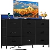 DUMOS TV Stand Dresser with 9 Fabric Drawers and Open Shelves, Entertainment Center with LED Lights, Charging Station for Bedroom, Wood Top Media Console for 45-55 inch TV Stand with Storage, Black