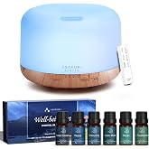 ASAKUKI Home Aromatherapy Starter Kit, 500ml Essential Oil Diffuser &amp; 6 Well-Being Essential Oil Blends for Home