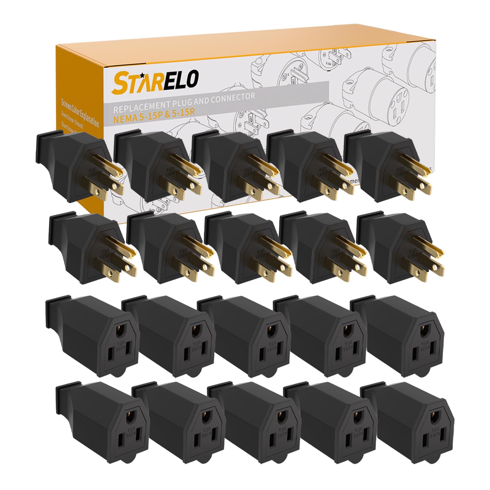 Photo 1 of STARELO Extension Cord Ends 125V 15A 2Pole 3Wire Male Plug and Female Connector Straight Blade Plug Replacement Electrical Extension Cord End(Male & Female 10 Set)