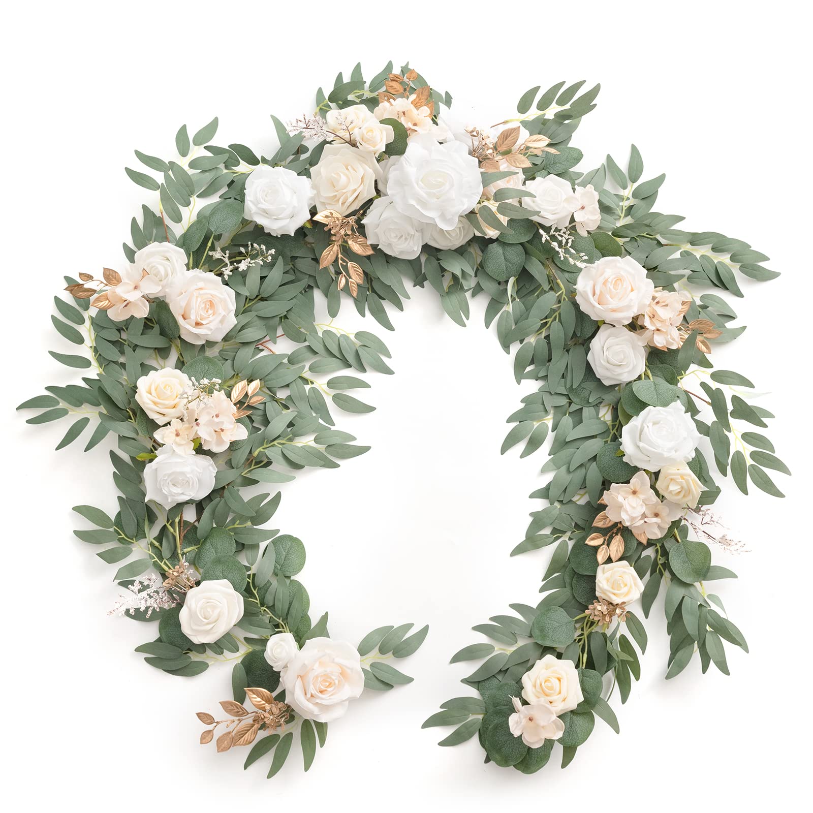 Photo 1 of Ling's Moment Flower Garland - 6FT Eucalyptus & Rose - Sweetheart Table Decor for Wedding Reception, Artificial Silk Floral Garland for Mantle, Spring, Garden Christmas Decoration, White Beige