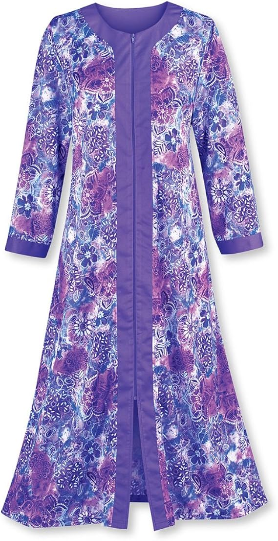Women's Zip Front Floral Long Robe with Long Sleeves Comfortable