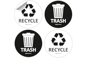 IGNIXIA (Pack of 04) Recycle and Trash Sign Decals self Adhesive - Recycling Stickers 4 x 4 Inches Recycle and Trash Sticker for Trash can - Recycle Label (Black & White) Round