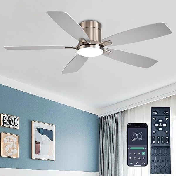 AYAOTY 52 INCH LOW PROFILE CEILING FANS WITH LIGHTS AND REMOTE, FLUSH MOUNT MODERN CEILING FAN, 3CCT DIMMABLE DC CEILING FAN FOR BEDROOM, LIVING ROOM, BRUSHED NICKEL