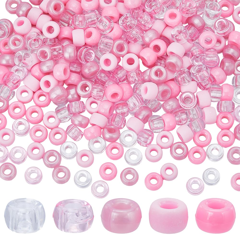 SUNNYCLUE 1000Pcs 5 Styles Pony Beads Bulk Pink Plastic Pony Beads 6x9mm Opaque Transparent Pink Clear Poney Craft Bead Smooth Frosted Bead for jewellery Making Beading Kits DIY Friendship Bracelets