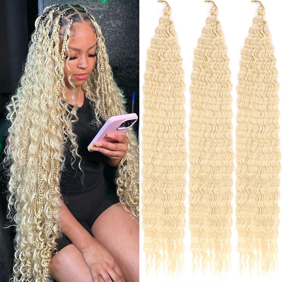 Kachanaa 7 Pack Blonde Pre-Separate Deep Wave Braiding Hair Extensions for Goddess River Braids 30 Inch Ocean Wave Crochet Hair Synthetic Crochet Braiding Hair for Boho Box Braids /613# — image 1
